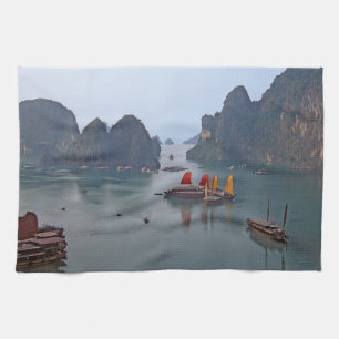 Sailboats in Ha Long Bay - Vietnam, Asia Kitchen Towel