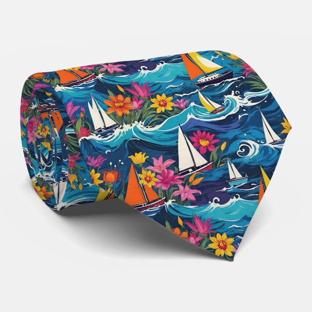 Sailboats in Ocean Waves Tropical Floral Neck Tie (Rolled)
