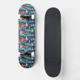 Sailboats in Ocean Waves Tropical Floral Skateboard