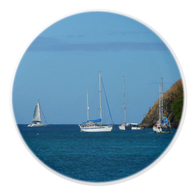Sailboats in the Bay White and Blue Nautical Ceramic Knob (Front)