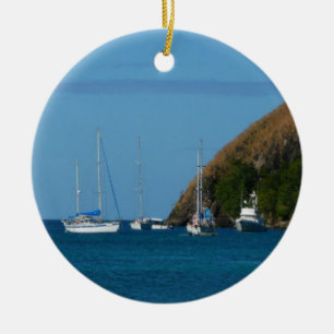 Sailboats in the Bay White and Blue Nautical Ceramic Ornament