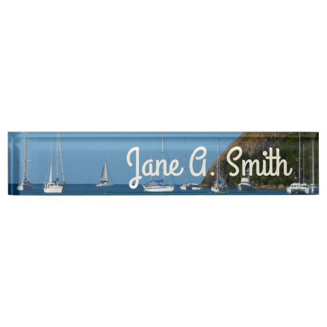 Sailboats in the Bay White and Blue Nautical Desk Name Plate (Front)