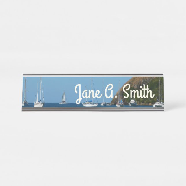 Sailboats in the Bay White and Blue Nautical Desk Name Plate (Front)