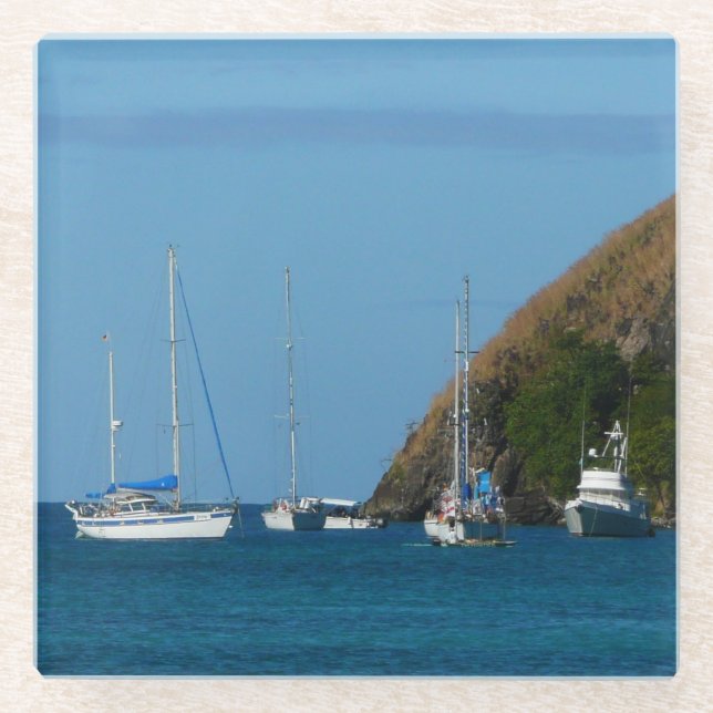 Sailboats in the Bay White and Blue Nautical Glass Coaster (Front)