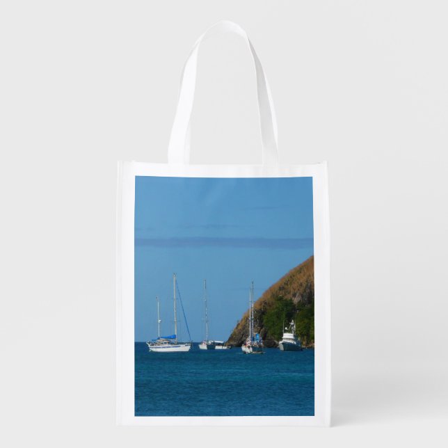 Sailboats in the Bay White and Blue Nautical Grocery Bag (Front)
