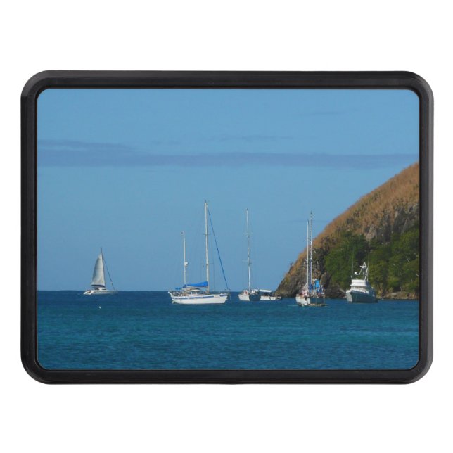 Sailboats in the Bay White and Blue Nautical Hitch Cover (Front)
