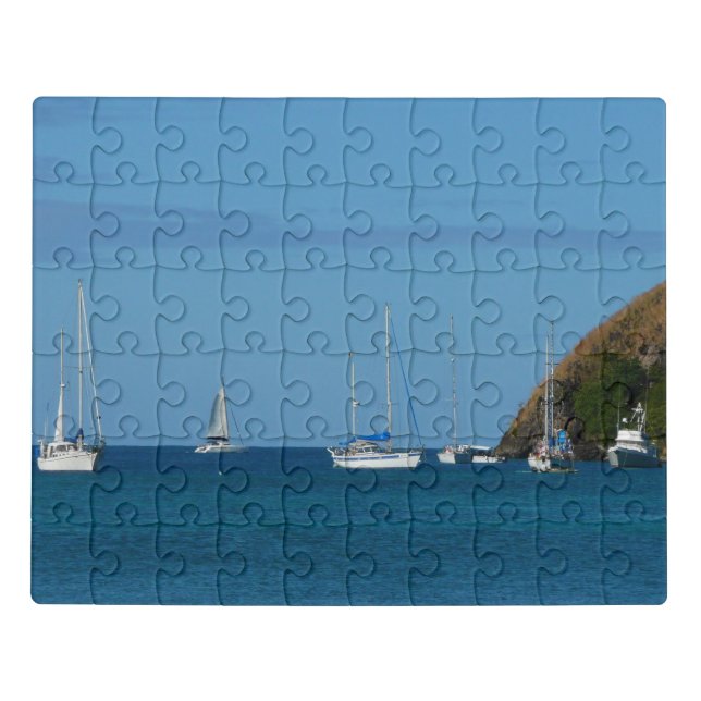 Sailboats in the Bay White and Blue Nautical Jigsaw Puzzle (Puzzle Horizontal)