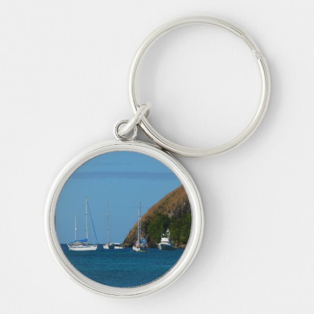 Sailboats in the Bay White and Blue Nautical Keychain (Front)
