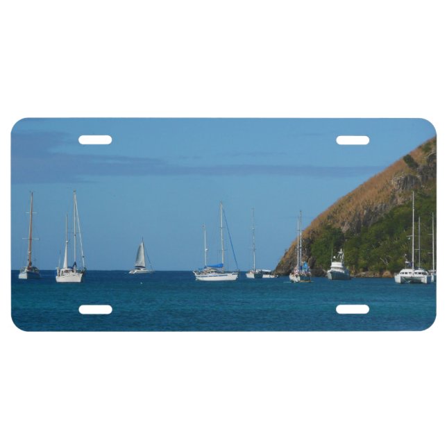 Sailboats in the Bay White and Blue Nautical License Plate (Front)