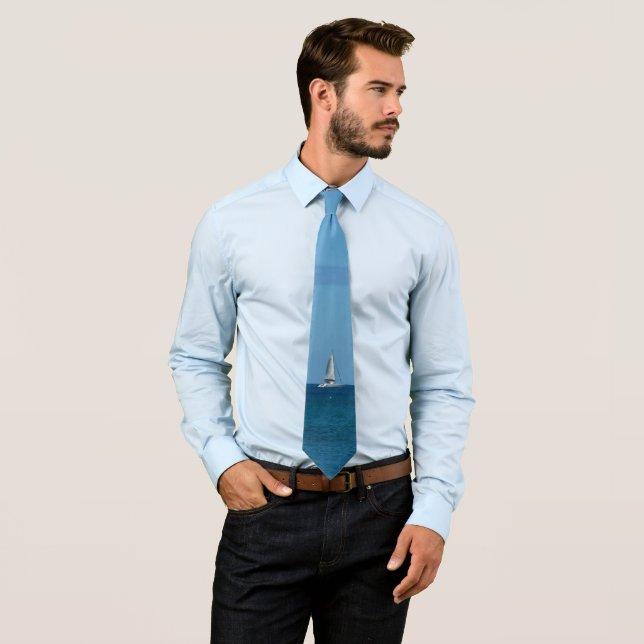 Sailboats in the Bay White and Blue Nautical Neck Tie (In Situ)