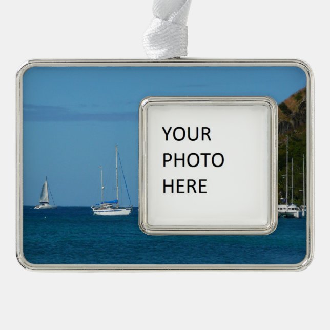 Sailboats in the Bay White and Blue Nautical Ornament (Front)