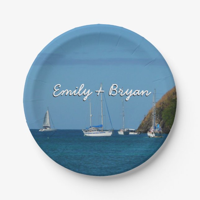 Sailboats in the Bay White and Blue Nautical Paper Plates (Front)