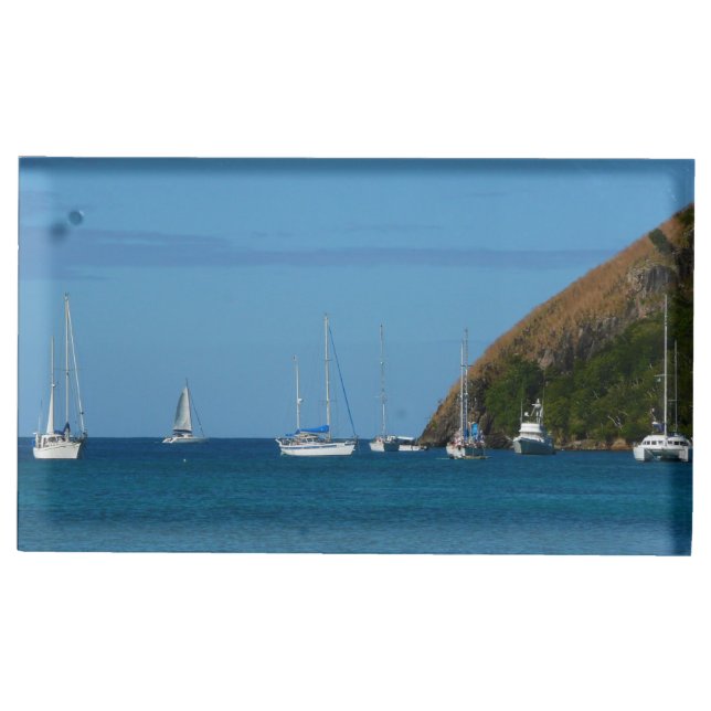 Sailboats in the Bay White and Blue Nautical Place Card Holder (Front)