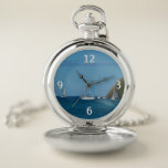Sailboats in the Bay White and Blue Nautical Pocket Watch