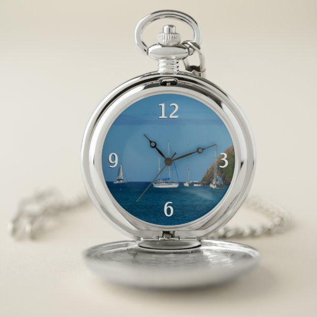 Sailboats in the Bay White and Blue Nautical Pocket Watch (Inside)