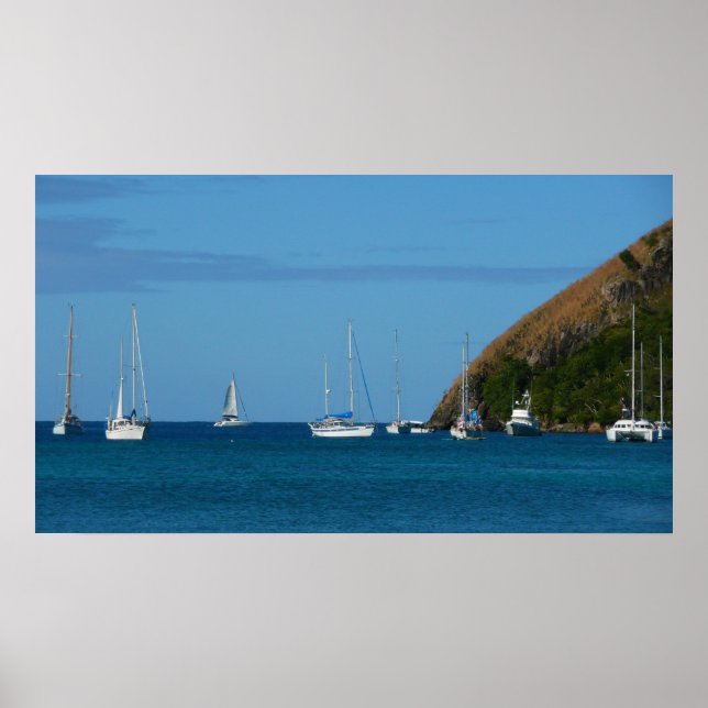 Sailboats in the Bay White and Blue Nautical Poster (Front)