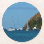 Sailboats in the Bay White and Blue Nautical Round Paper Coaster