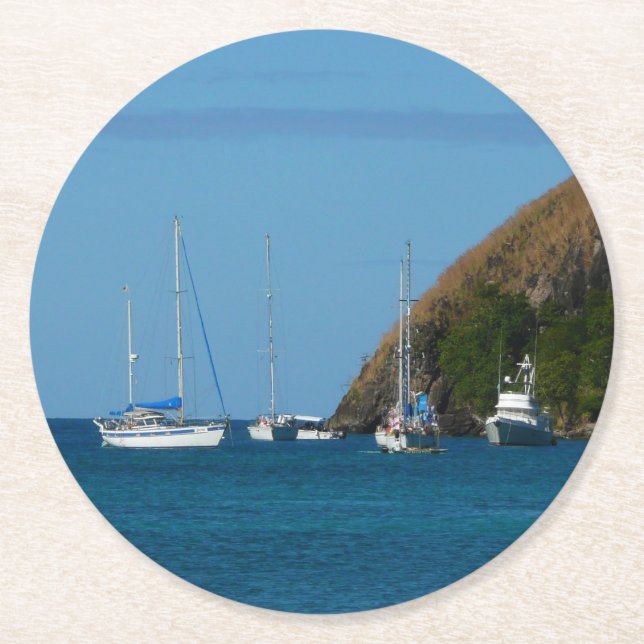 Sailboats in the Bay White and Blue Nautical Round Paper Coaster (Front)