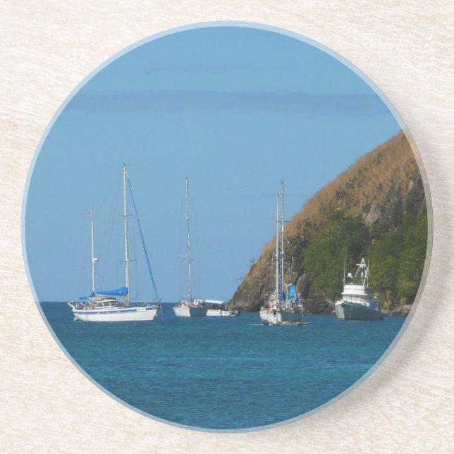 Sailboats in the Bay White and Blue Nautical Sandstone Coaster (Front)