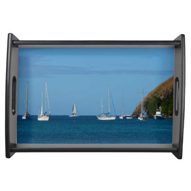 Sailboats in the Bay White and Blue Nautical Serving Tray (Front)