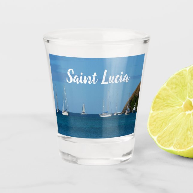 Sailboats in the Bay White and Blue Nautical Shot Glass (Front)