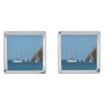 Sailboats in the Bay White and Blue Nautical Silver Cufflinks