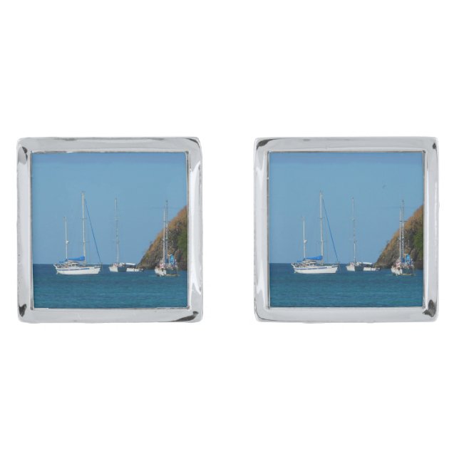 Sailboats in the Bay White and Blue Nautical Silver Cufflinks (Front)