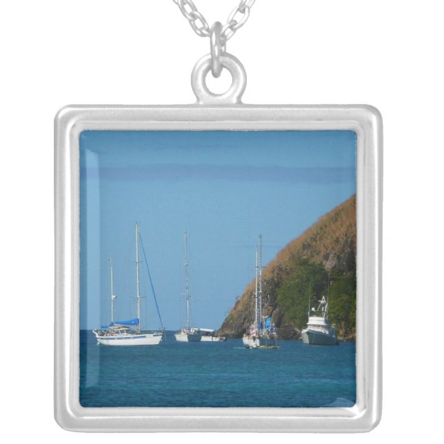 Sailboats in the Bay White and Blue Nautical Silver Plated Necklace (Front)