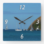 Sailboats in the Bay White and Blue Nautical Square Wall Clock