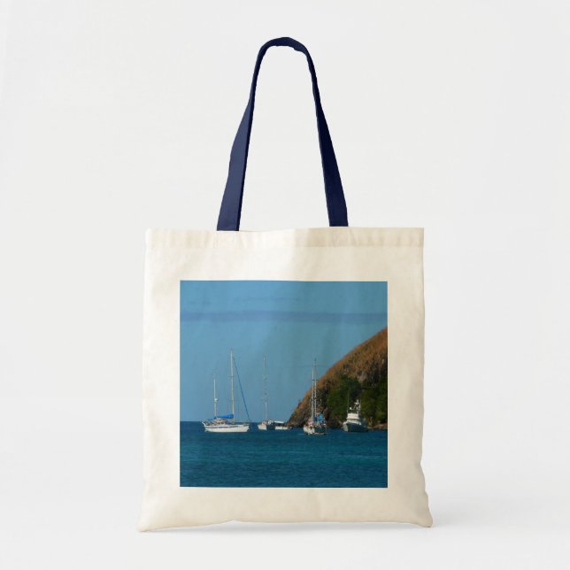 Sailboats in the Bay White and Blue Nautical Tote Bag (Front)