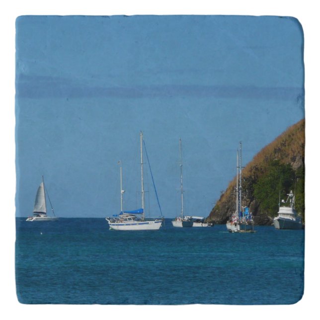 Sailboats in the Bay White and Blue Nautical Trivet (Front)