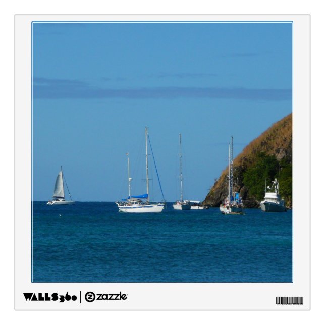 Sailboats in the Bay White and Blue Nautical Wall Decal (Front)