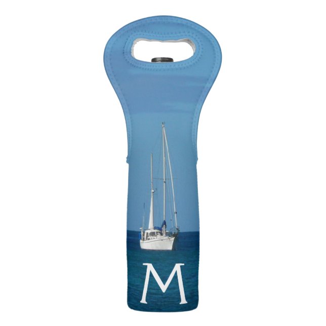Sailboats in the Bay White and Blue Nautical Wine Bag (Front)