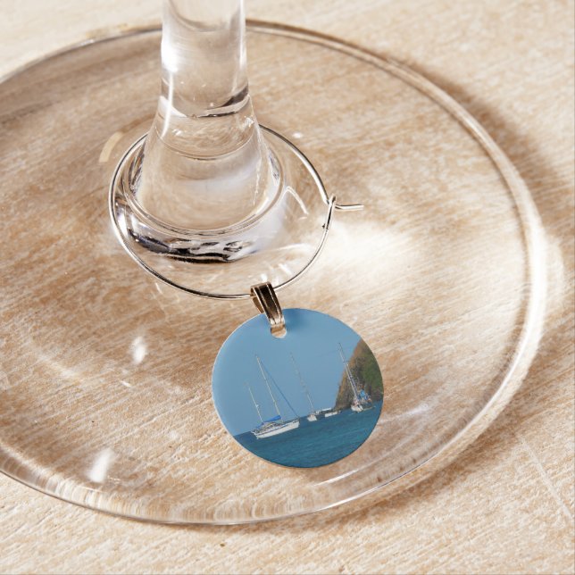 Sailboats in the Bay White and Blue Nautical Wine Charm (In Situ)
