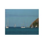 Sailboats in the Bay White and Blue Nautical Wood Poster