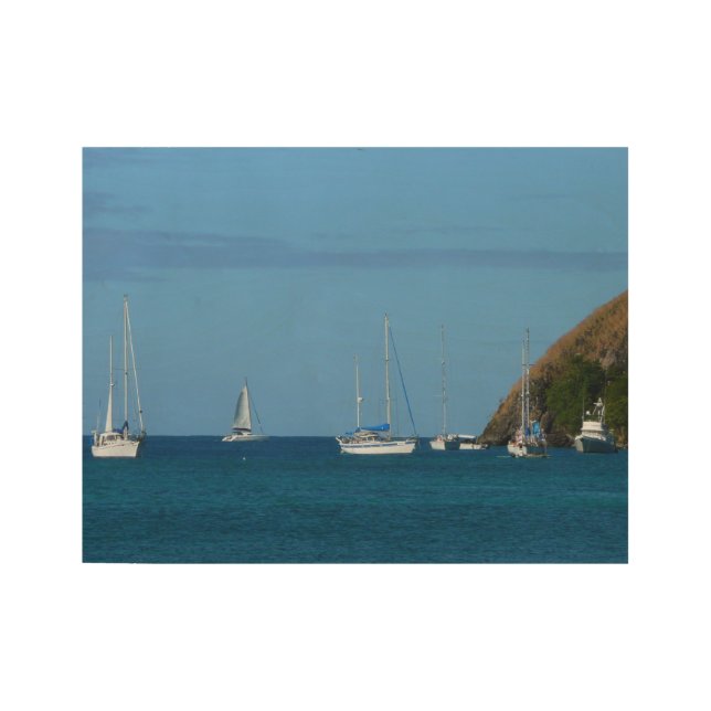 Sailboats in the Bay White and Blue Nautical Wood Poster (Front)