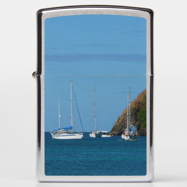 Sailboats in the Bay White and Blue Nautical Zippo Lighter (Front)
