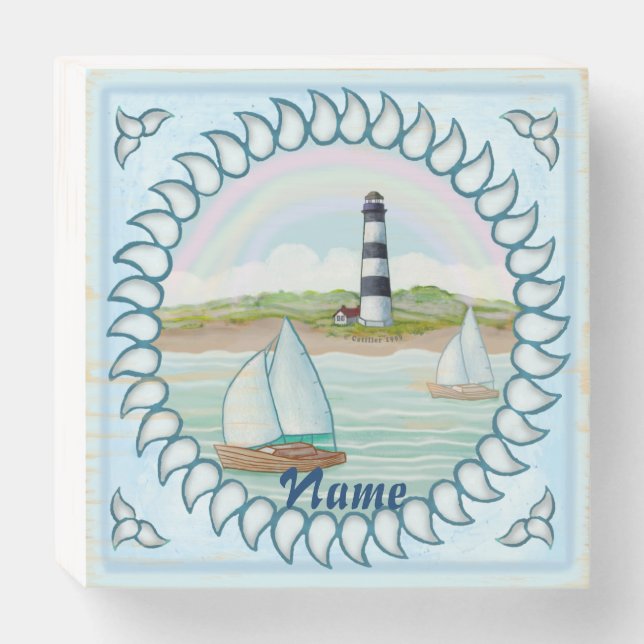 Sailboats Lighthouse  Wooden Box Sign (Front Horizontal)