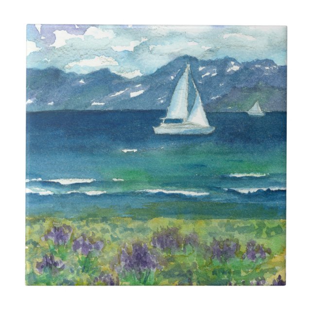 Sailboats Mountain Lake Purple Watercolor Lupines Ceramic Tile (Front)