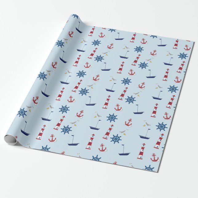 Sailboats Nautical Lighthouse Sailing Boats Ocean Wrapping Paper (Unrolled)