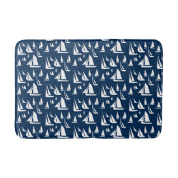 Sailboats Nautical Navy Blue Bath Mat