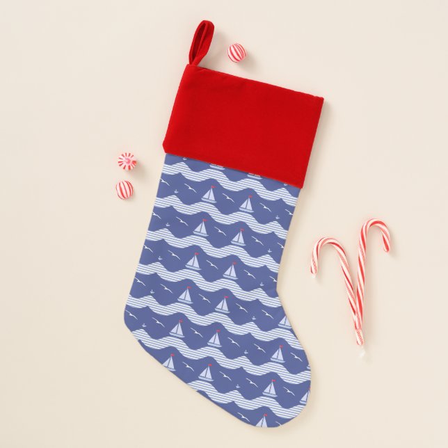 Sailboats On A Striped Sea Pattern Christmas Stocking (Front)