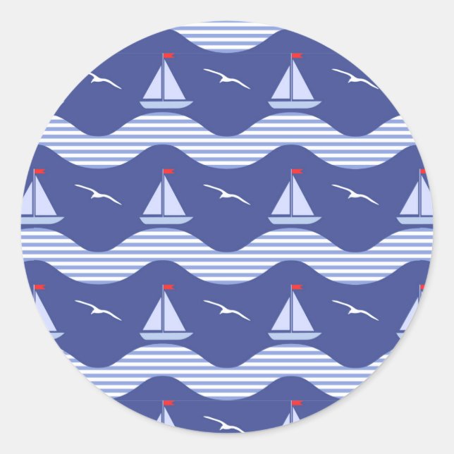 Sailboats On A Striped Sea Pattern Classic Round Sticker (Front)