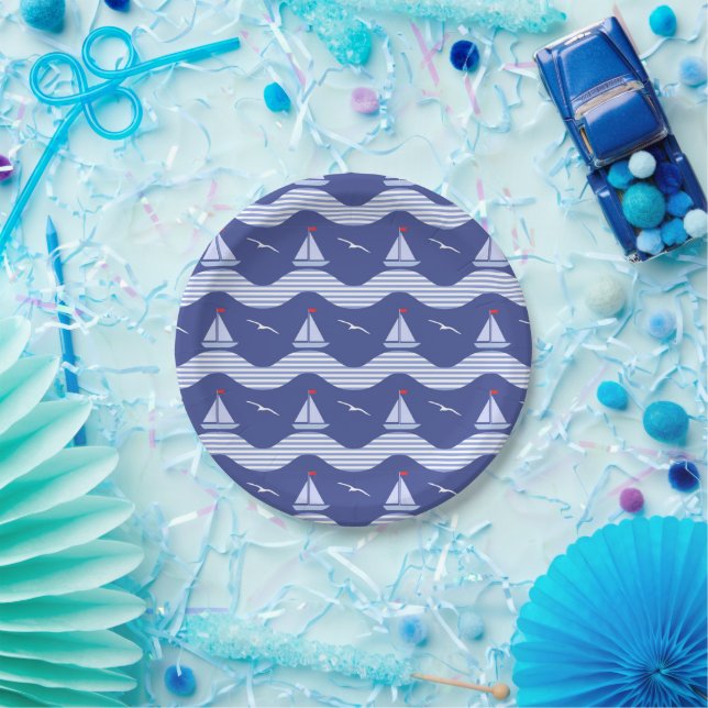 Sailboats On A Striped Sea Pattern Paper Plates (Party)