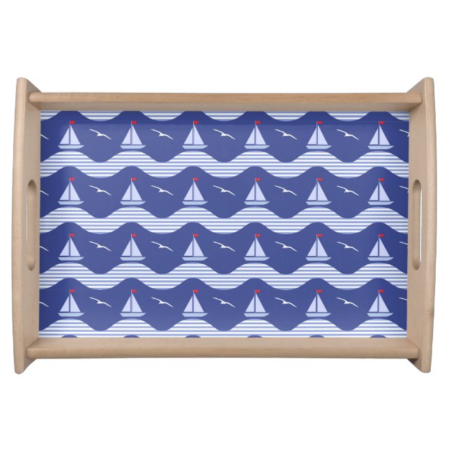 Sailboats On A Striped Sea Pattern Serving Tray (Front)