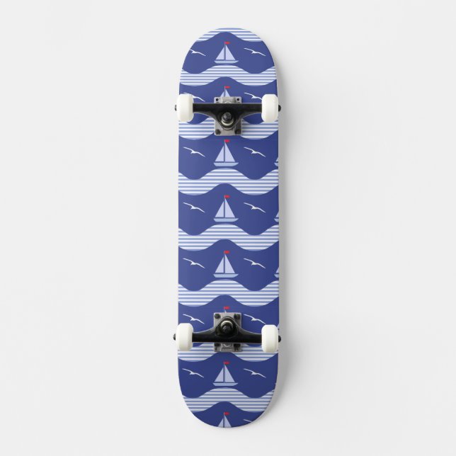 Sailboats On A Striped Sea Pattern Skateboard Deck (Front)