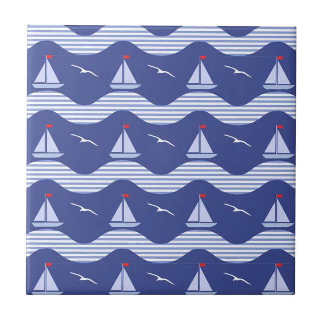 Sailboats On A Striped Sea Pattern Tile (Front)