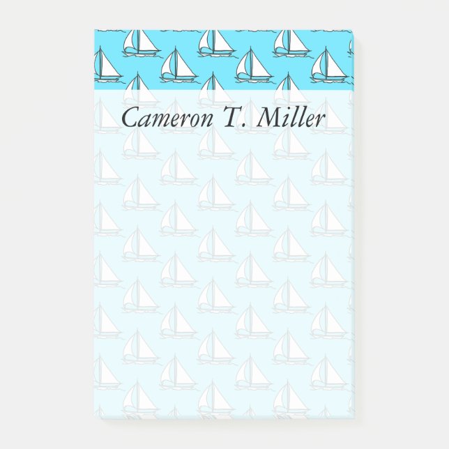 Sailboats On Blue Sea Pattern | Add Your Name Post-it Notes (Front)