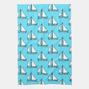 Sailboats On Blue Sea Pattern Kitchen Towel