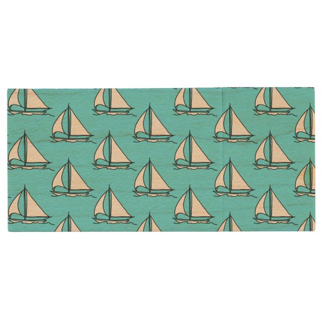 Sailboats On Blue Sea Pattern Wood Flash Drive (Front)